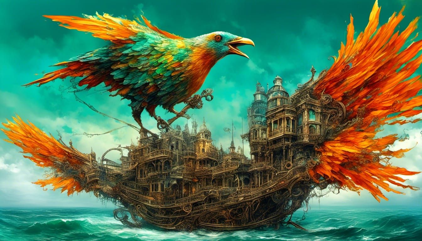 Mechanical Wooden Bird Flight Over Emerald Sea