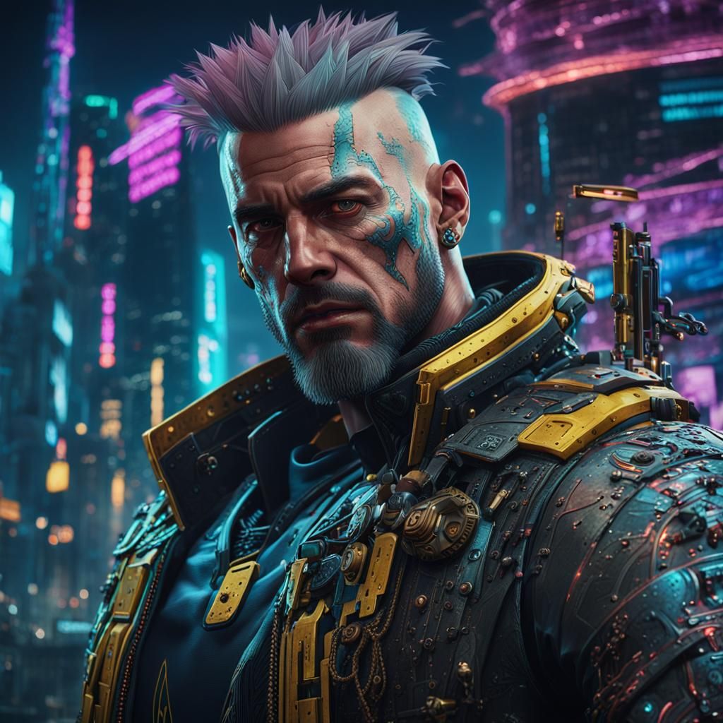 Majestic Cyberpunk Character Portrait in Filigree Style