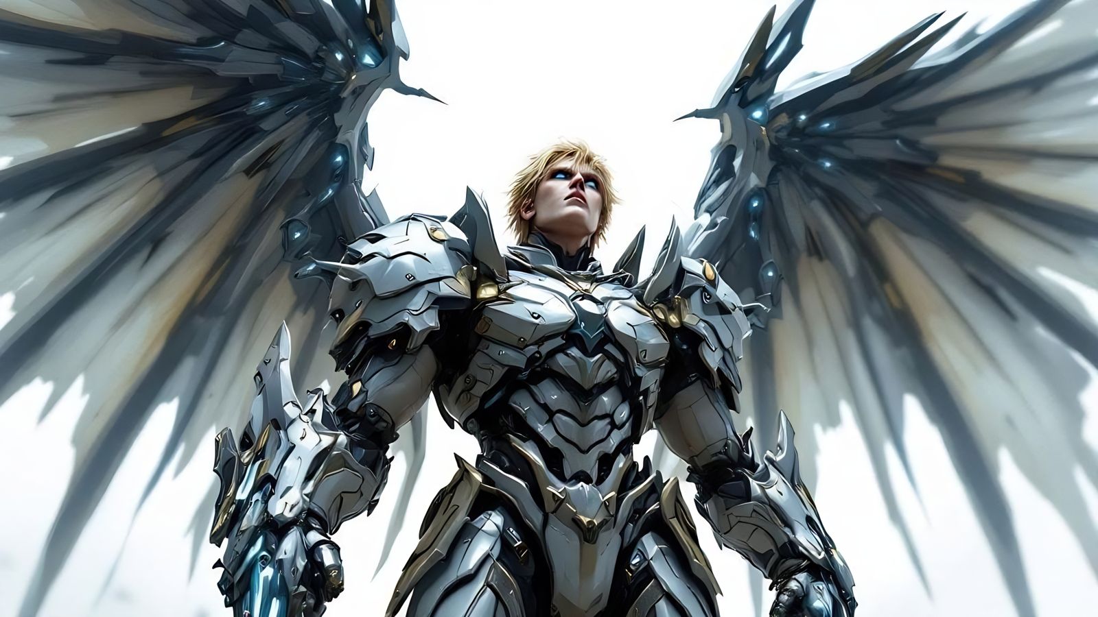 Armored Cybernetic Warrior with Mechanical Wings