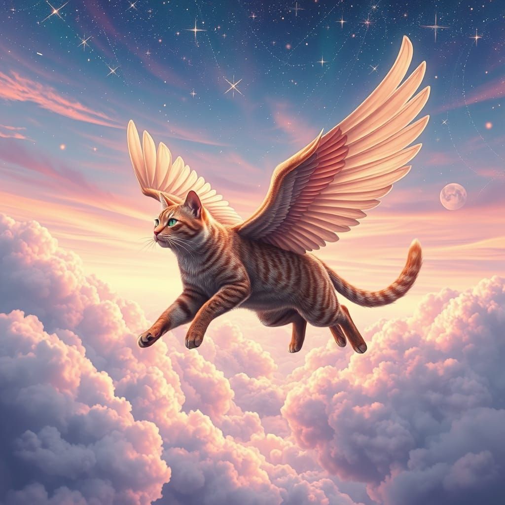 Winged Cat Soaring in a Cosmic Sky