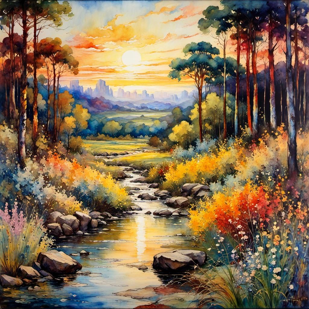 Encaustic Summerscape in Art Nouveau Style