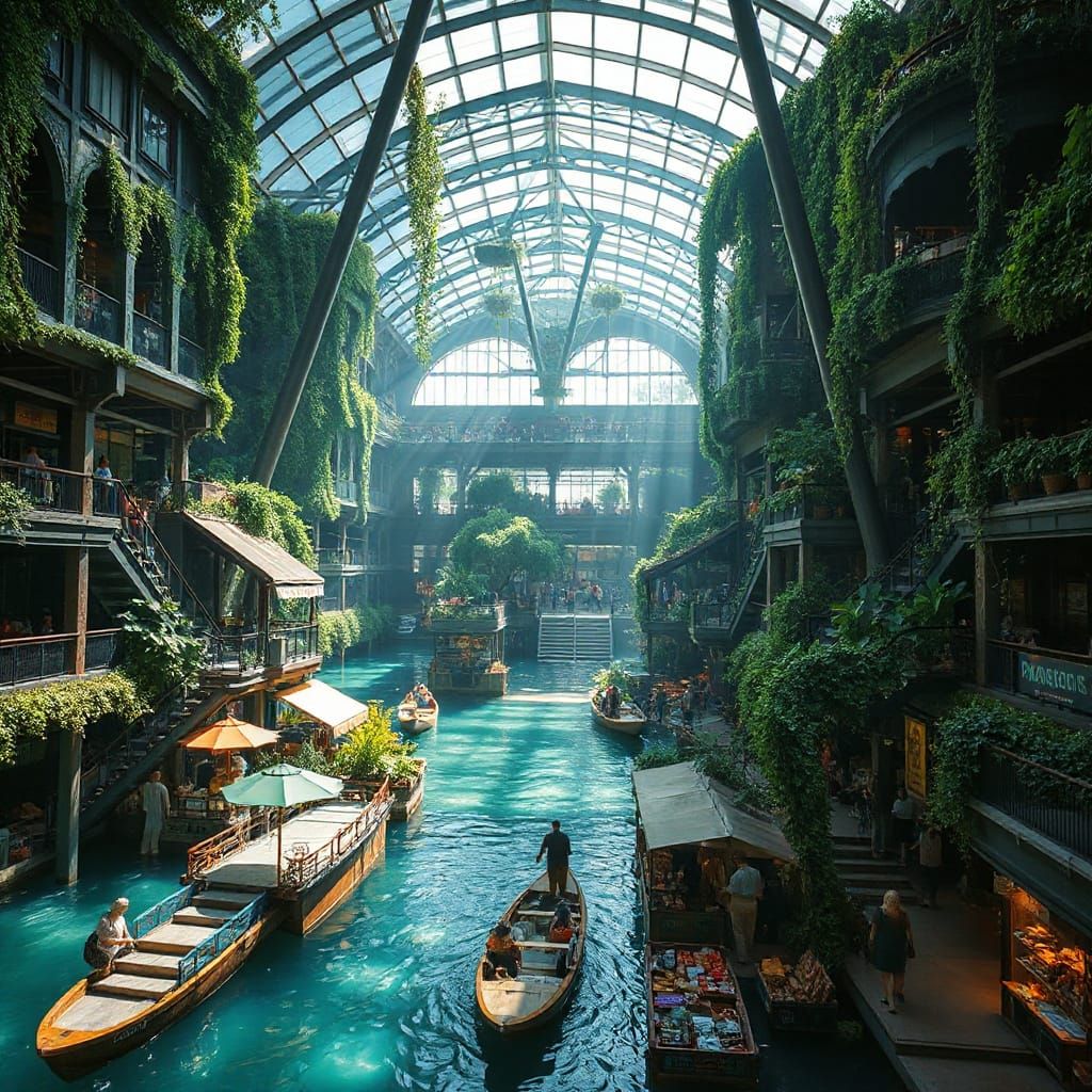 Vibrant Market District in a Tropical Biodome