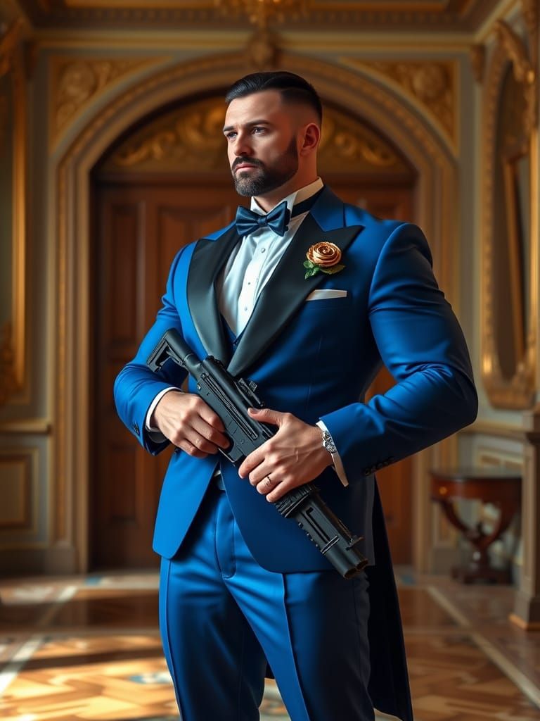 Muscular Tactical Soldier in Elegant Attire
