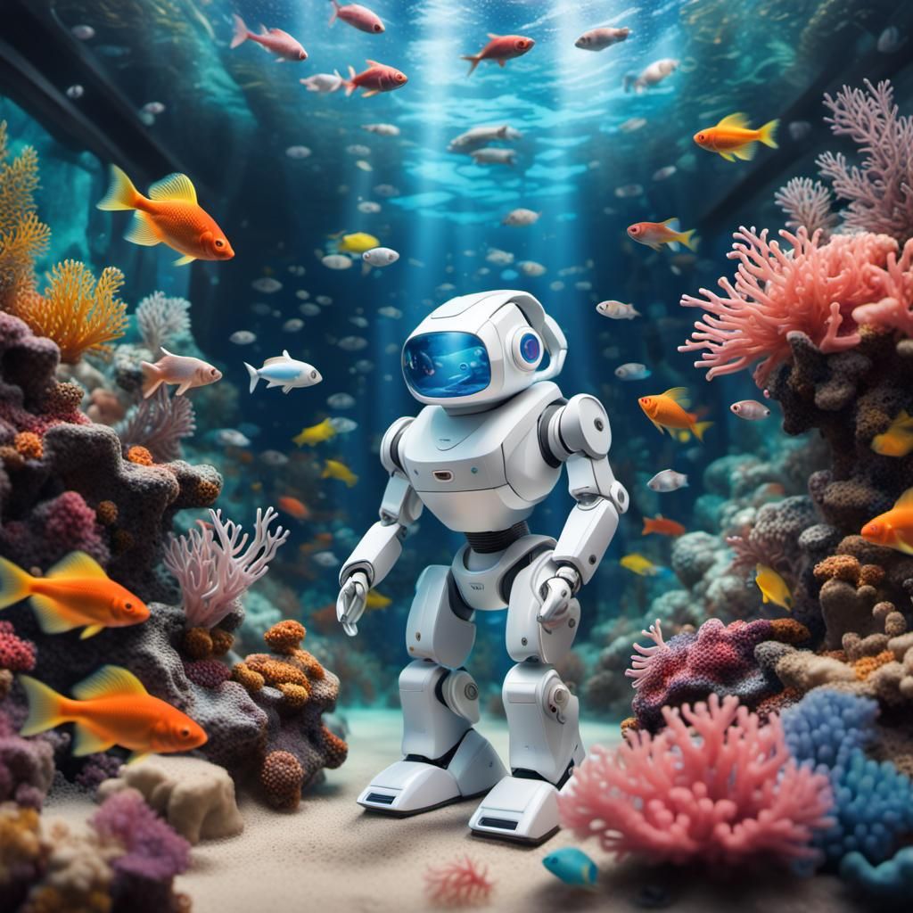 Underwater Robot in Aquarium, Surreal Mixed Media