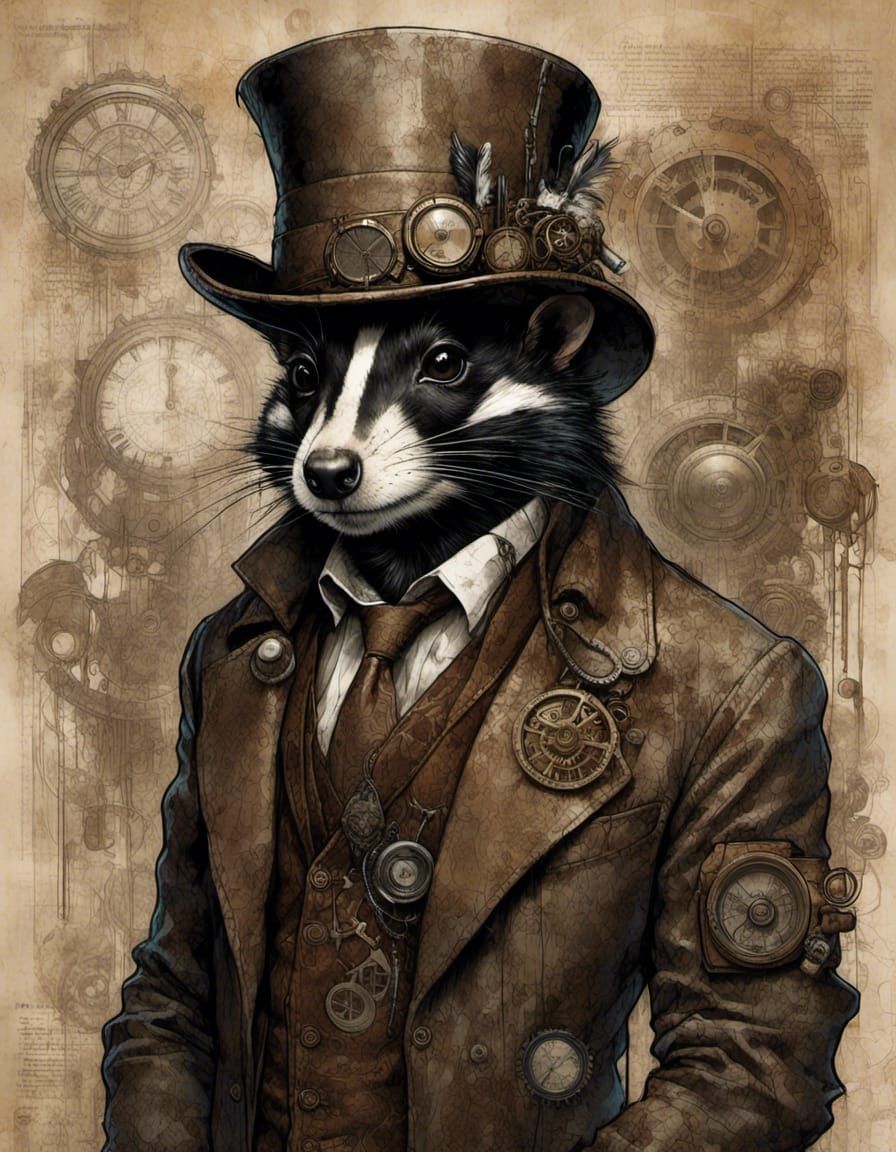 Steampunk Skunk Portrait in Grunge Poster Style