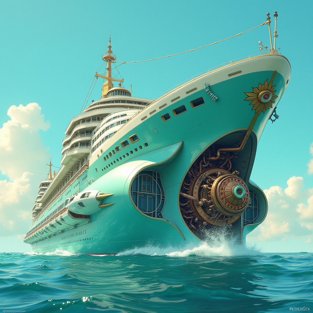 Retro-Futuristic Cruise Ship with Steampunk Engine