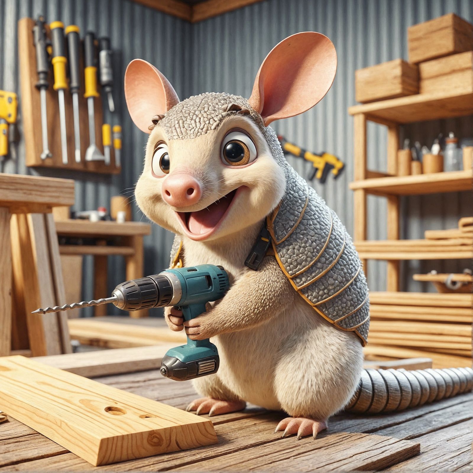 Cheerful CGI Armadillo Ready for Woodwork