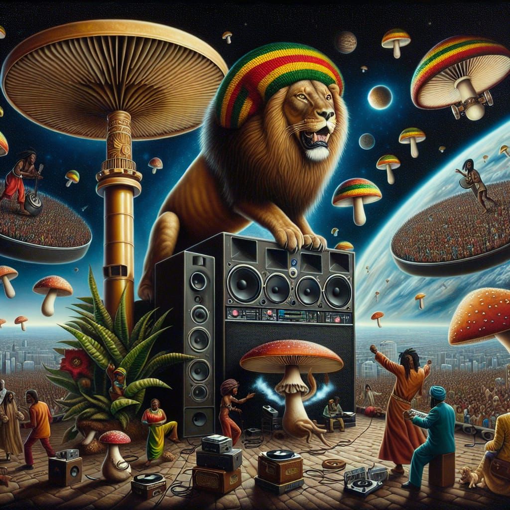 Rastafarian Lion on Reggae Sound System in Space