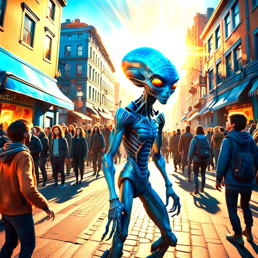 Alien Appears on Sunny Street: Detailed Matte Painting