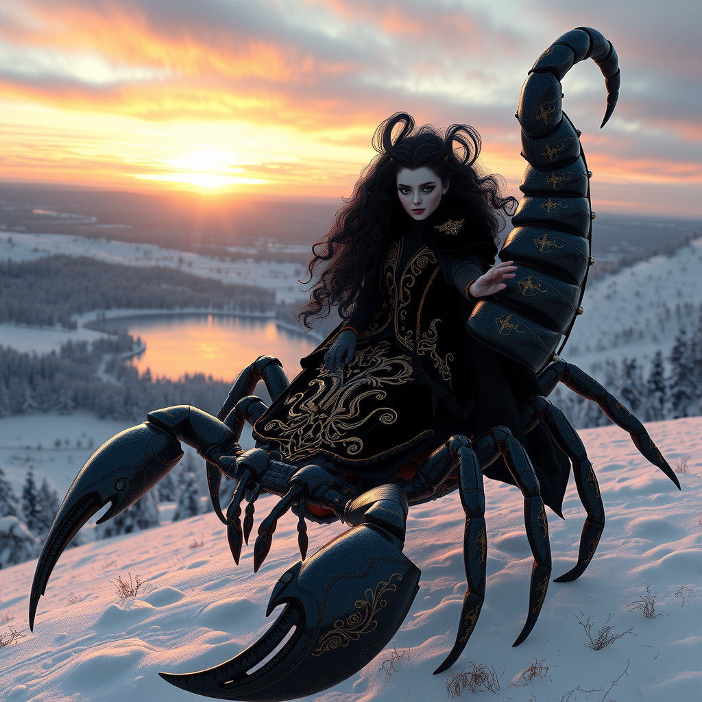 Goth Girl Rides Iridescent Scorpion in Winter Sunset