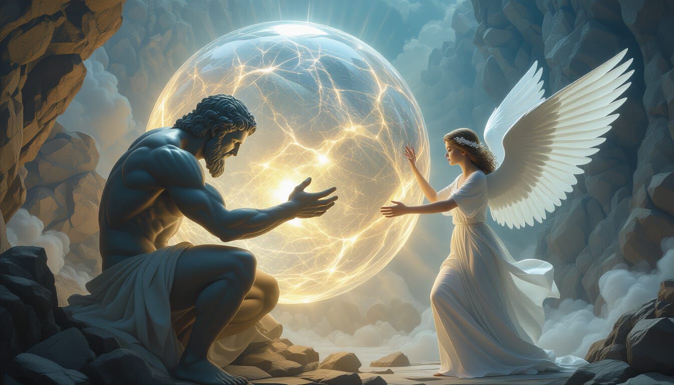 Atlas Figure Relieved by Angelic Light, Digital Painting