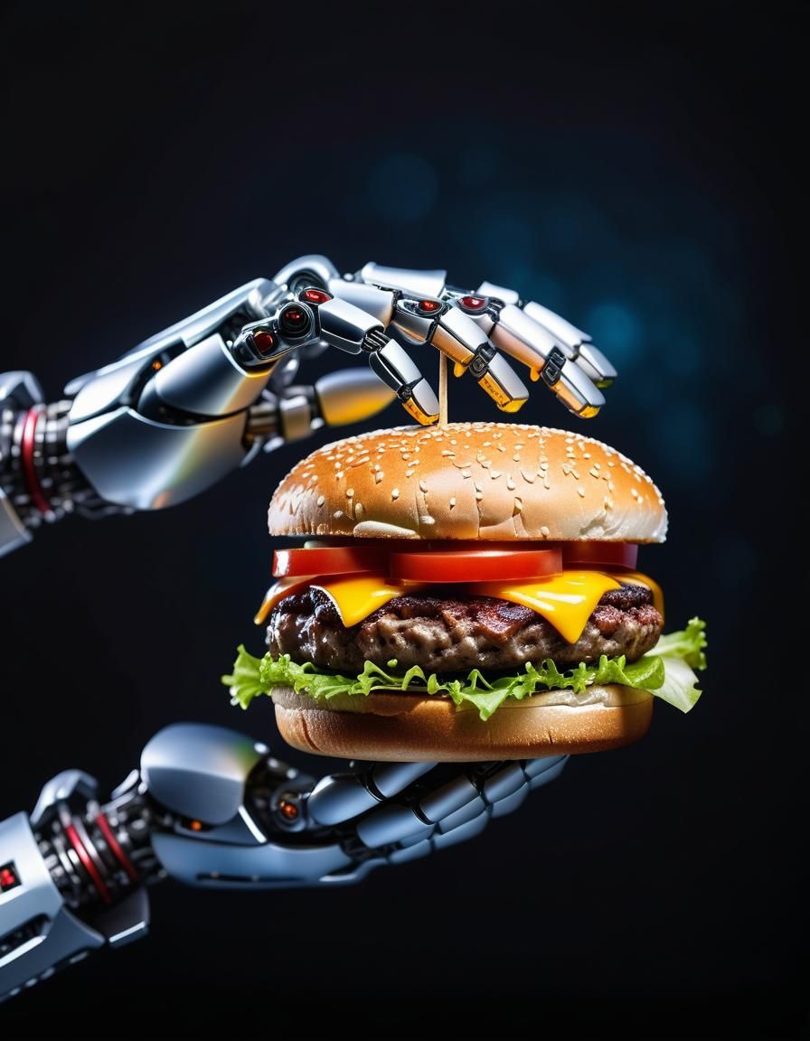Robot serving yummy hamburger