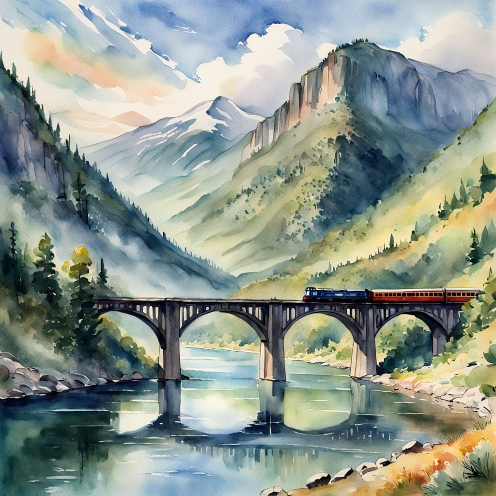 Train Rides Against Majestic Mountain Landscape in Vibrant W...
