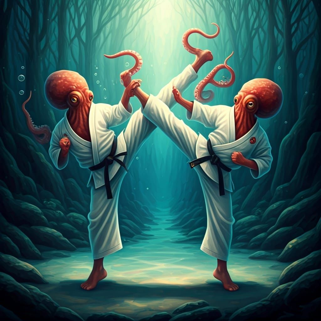 Octopus Karate Fight in Chagall-esque Dreamscape