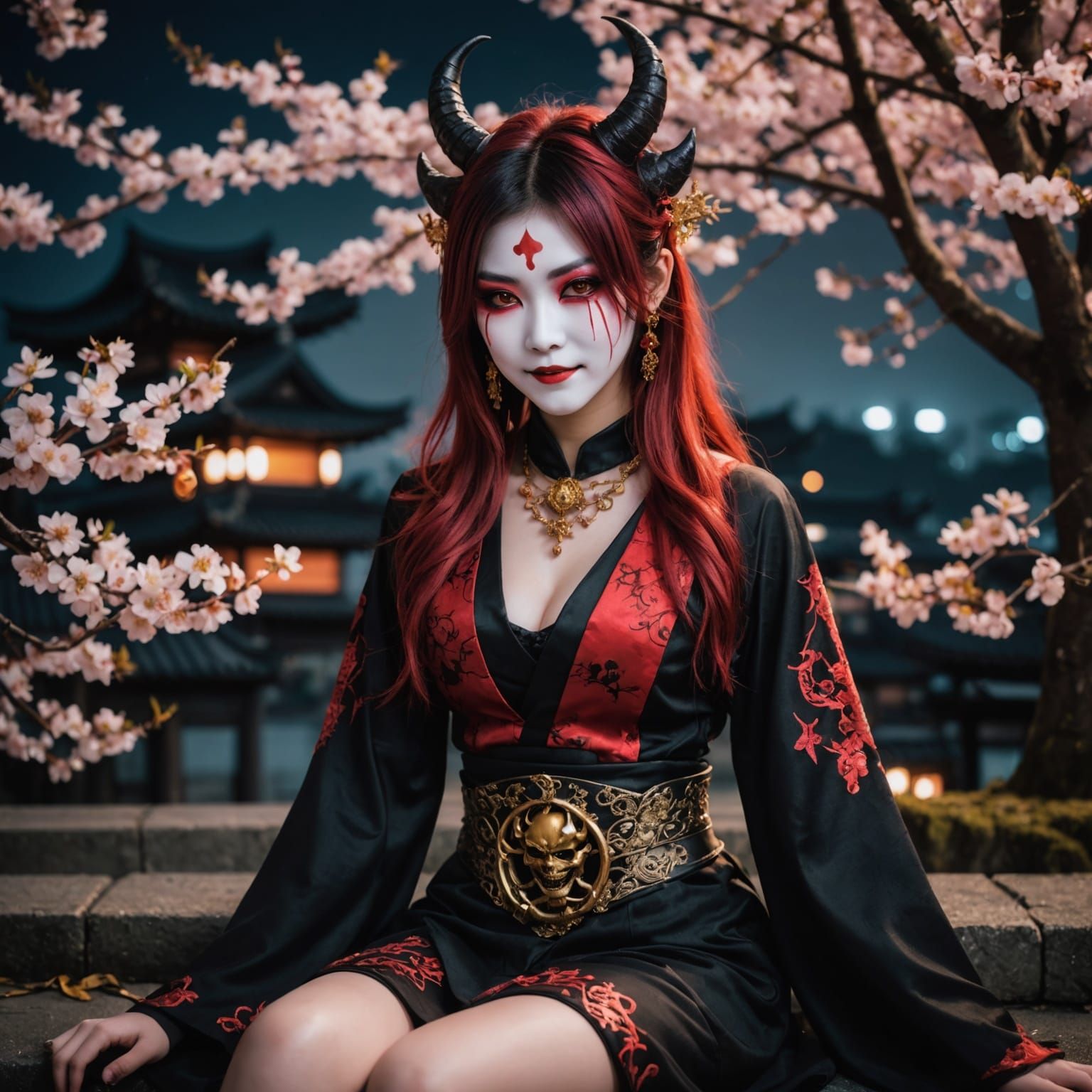 Gothic Demon Girl in Japanese Nightscape: Digital Art