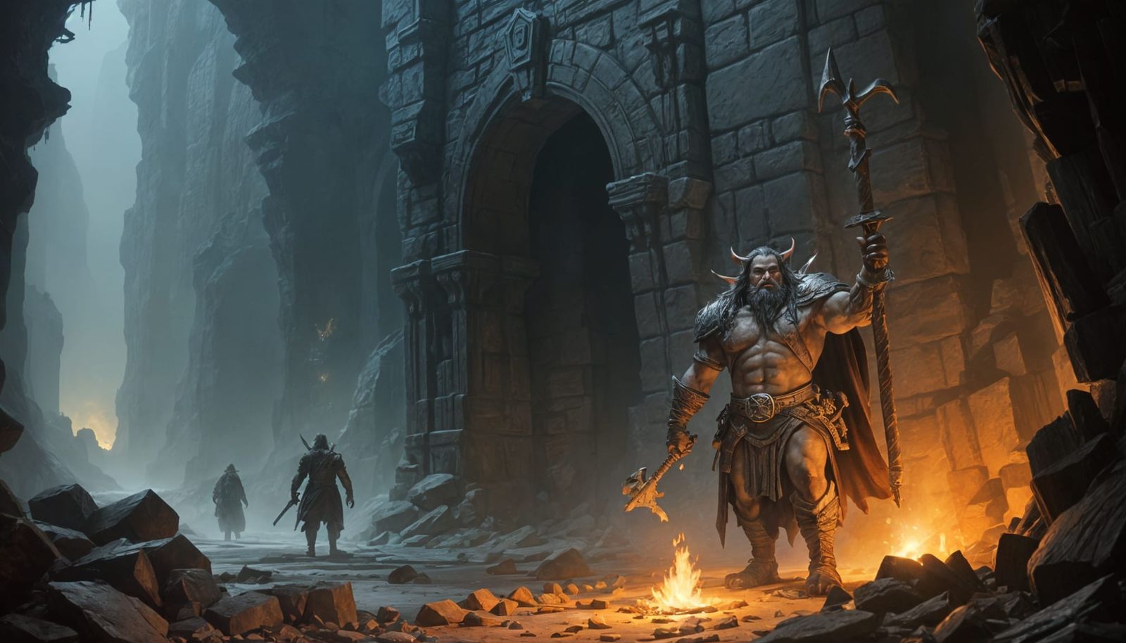 Torchlit Dungeon Tunnel with Elf and Dwarf in Acrylic Art