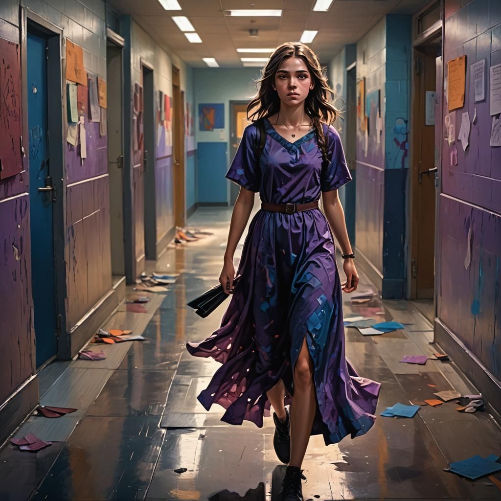 Teenage Girl in School Hallway: Art Nouveau Digital Art