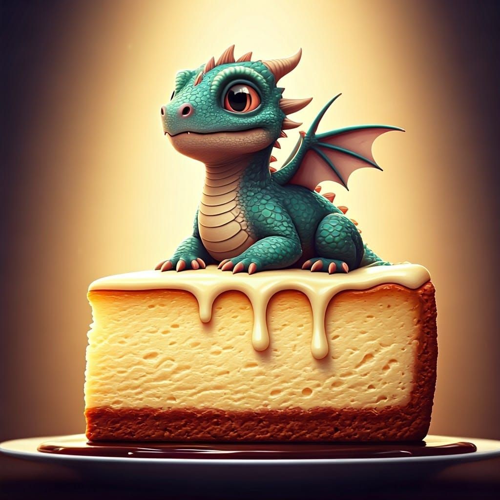 Green and Purple Dragon on Cheesecake: 3D Digital Art