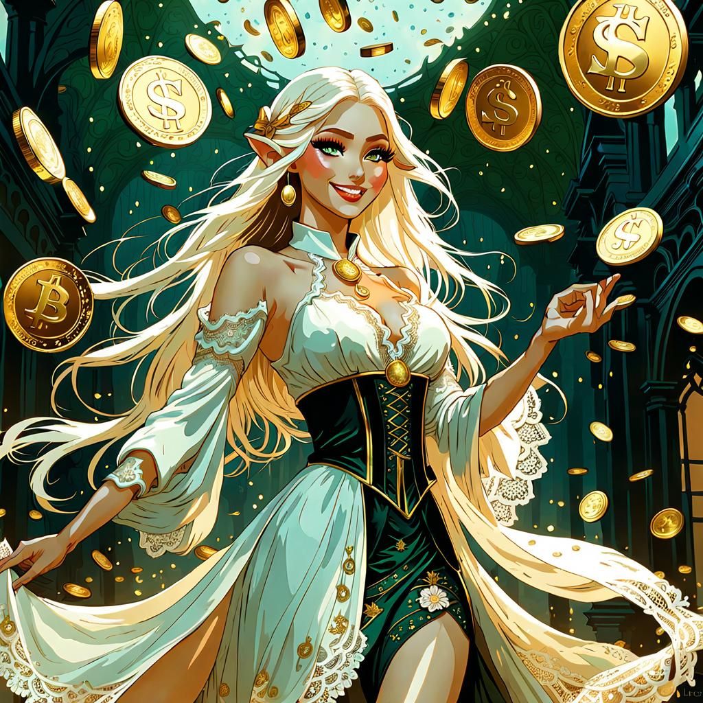 Elegant Elf Girl Showering Golden Coins