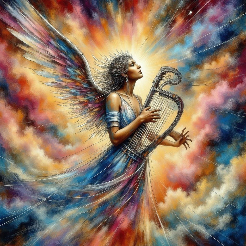 Angel Playing Harp in Swirling Clouds