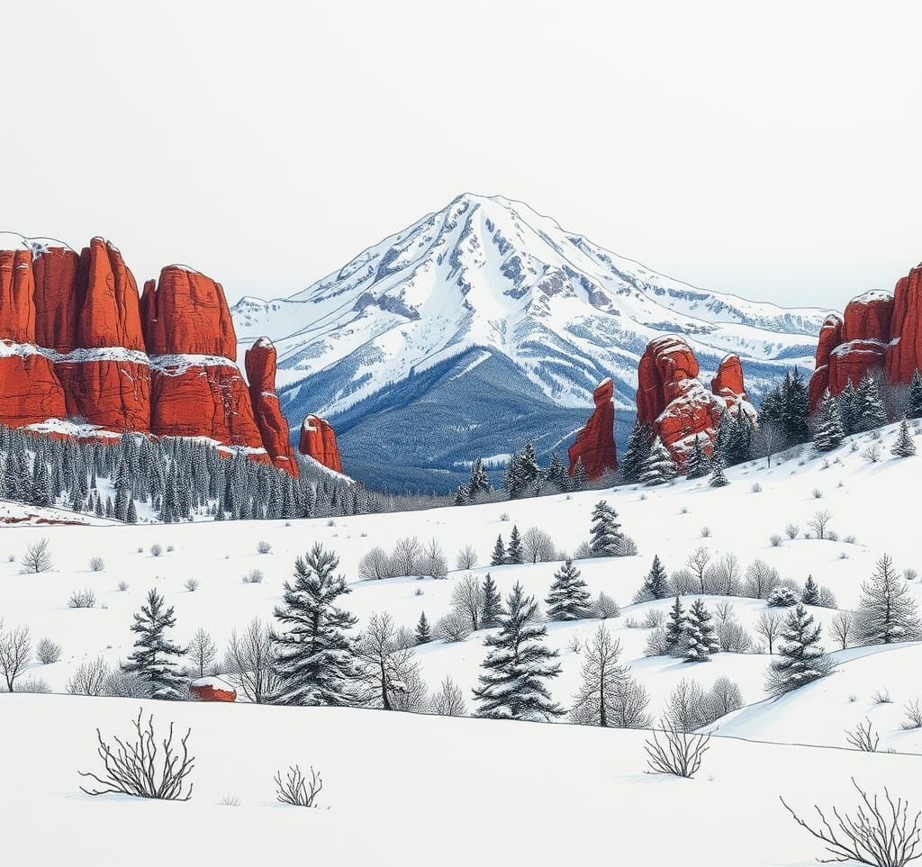 Surreal Winter Landscape of Pikes Peak from Garden of the Go...