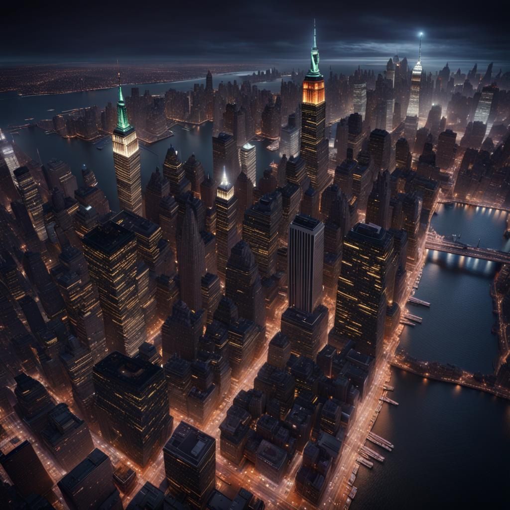 Nighttime Birds Eye View of New York City