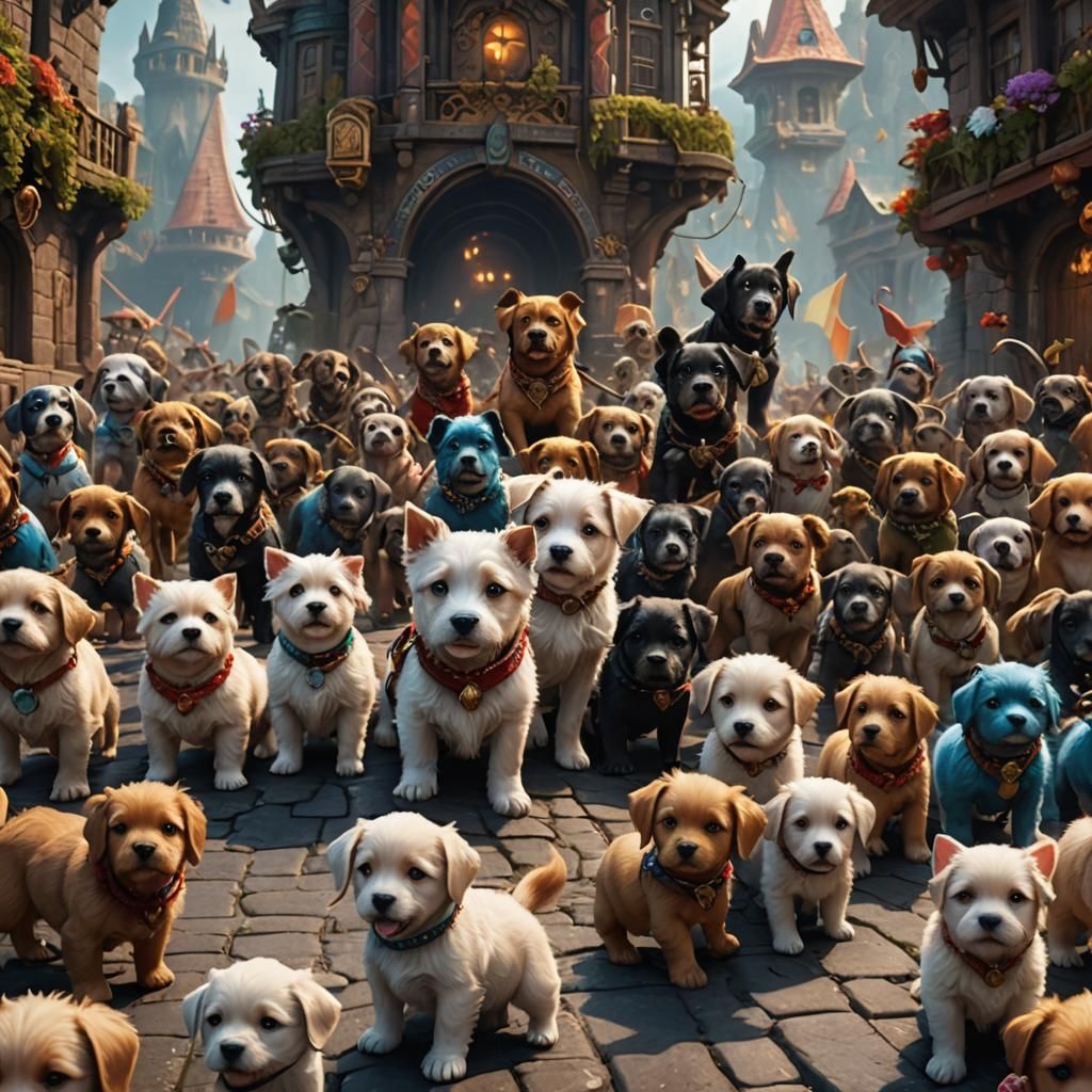 Fantastical Puppy Parade: Detailed Matte Painting