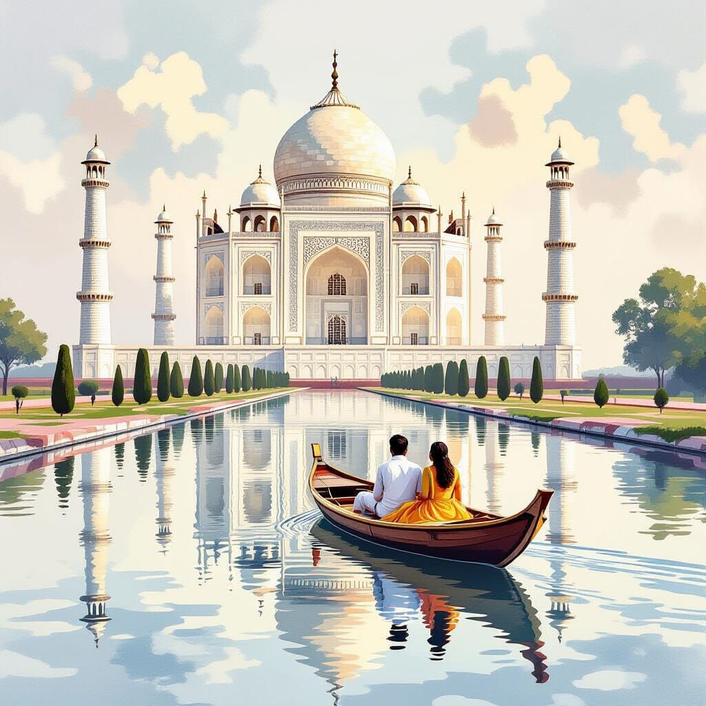 Couple on Feluca Boat at Taj Mahal in Watercolor Style