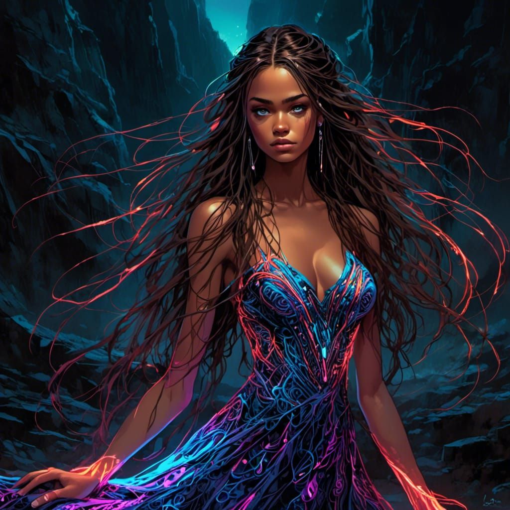 Neon Goddess on Dark Cliff, Surreal Lighting