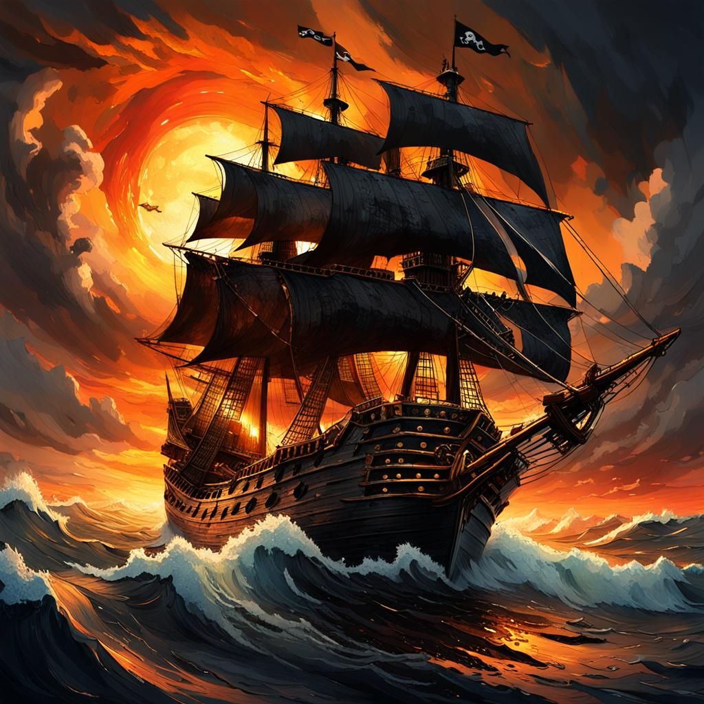Pirate Ship in Stormy Seas at Sunset