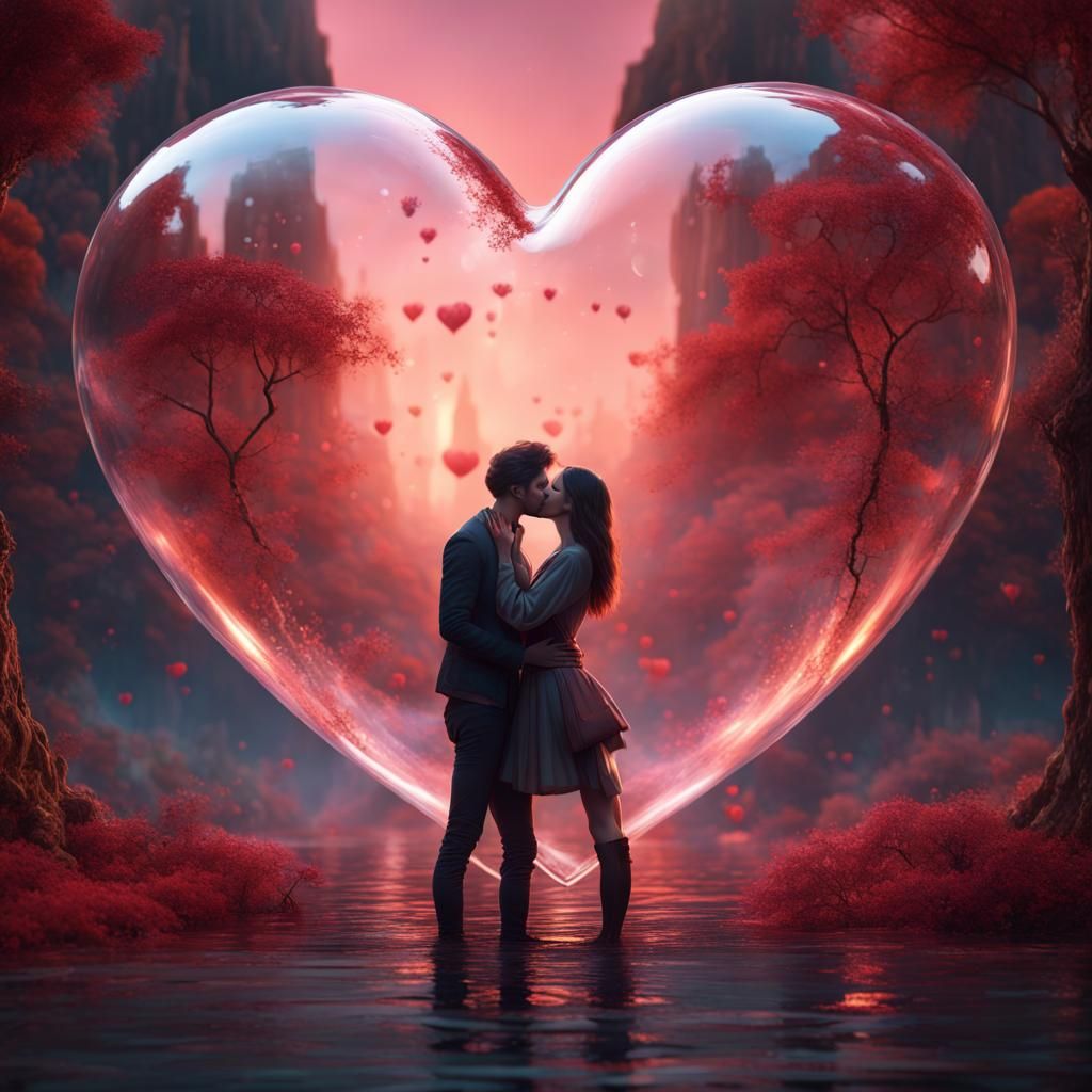 Lovers Kissing in a Heart-Shaped Bubble