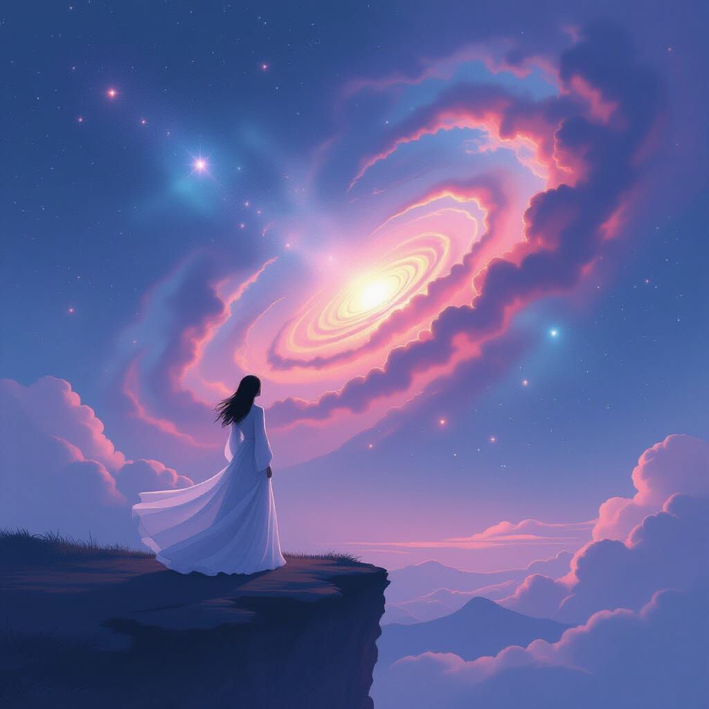 Woman on Cliff Gazing at Vibrant Nebula
