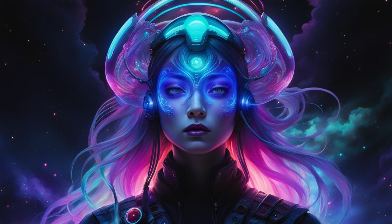 Spectacular Spaceship Over Alien World in Neon Style