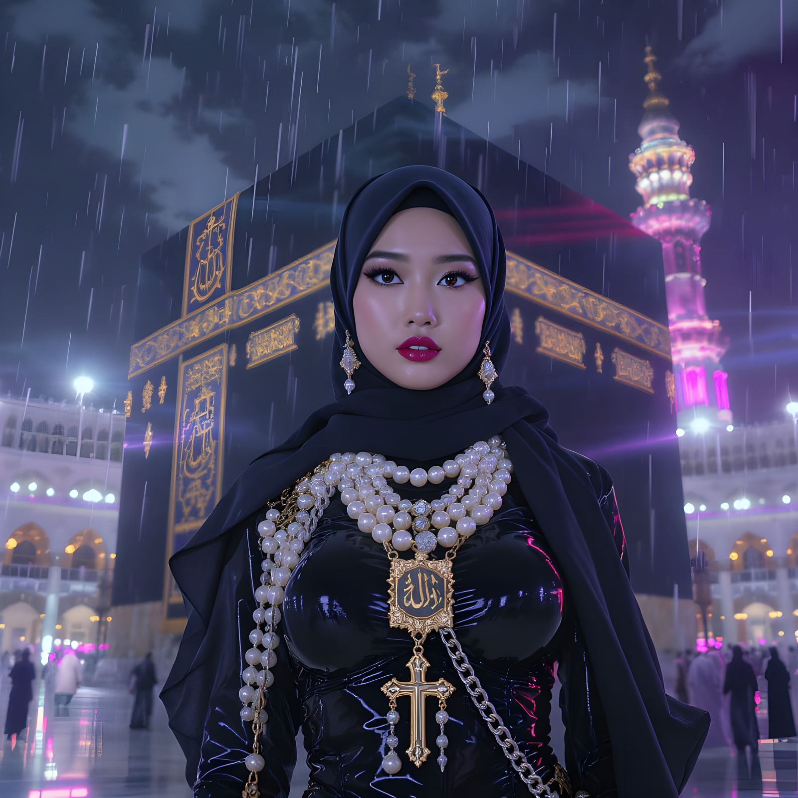Woman in Hijab at Ka'bah: Futuristic Digital Art