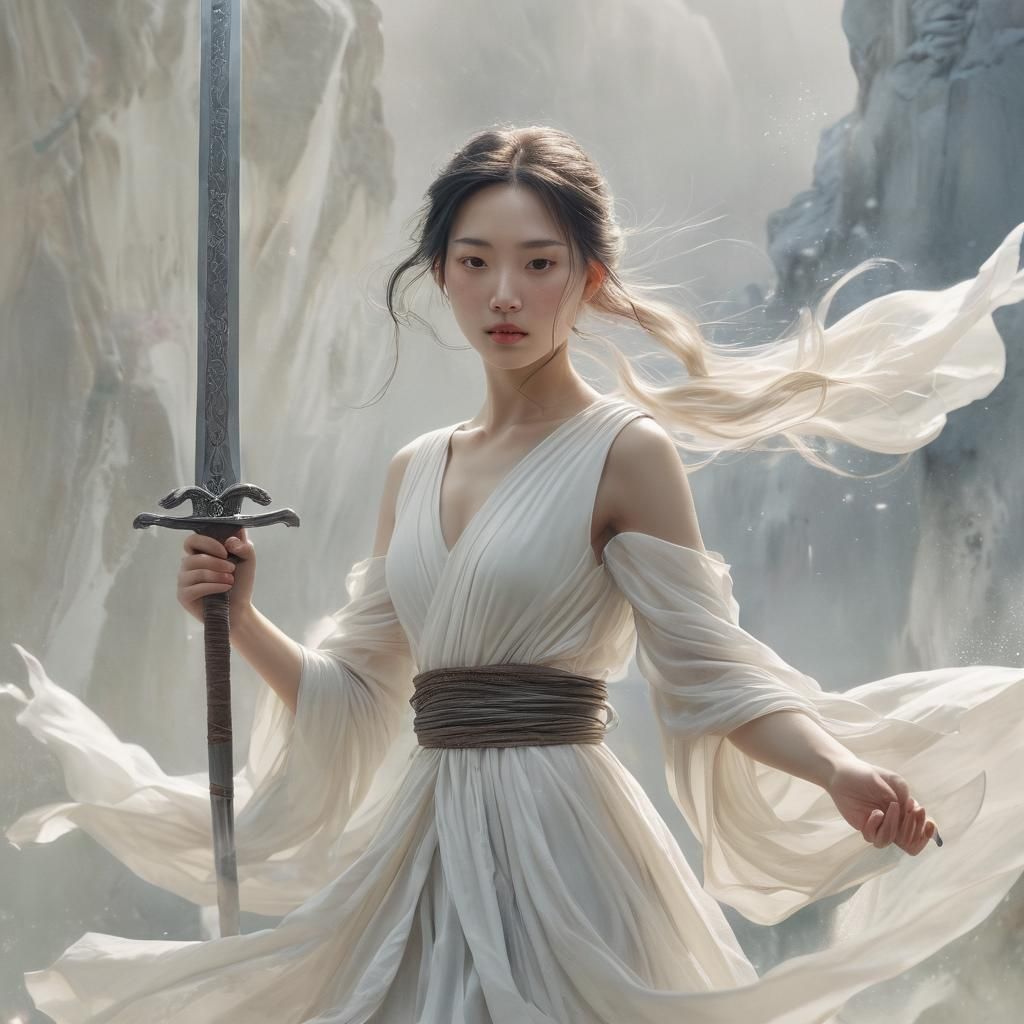 Mystical Warrior Girl with Sword in Watercolour Style