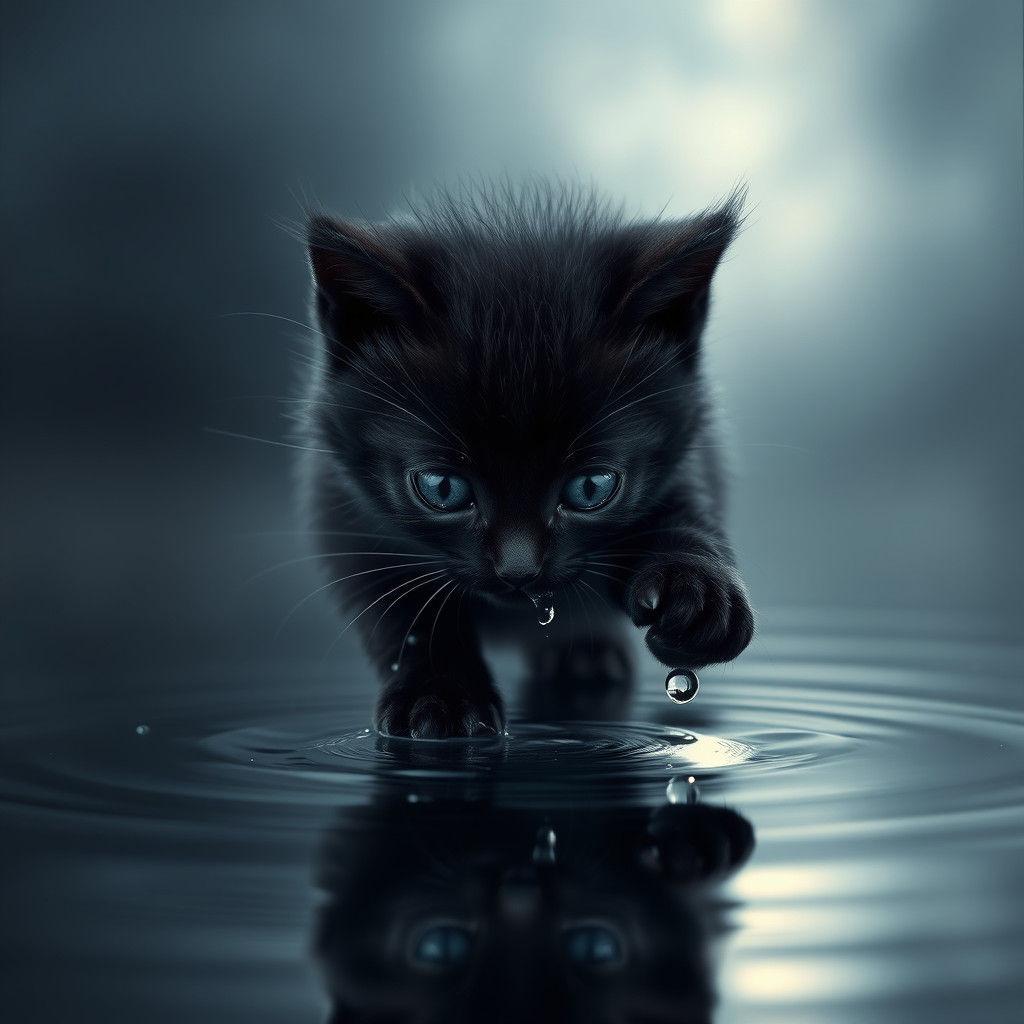 Kitten's Watery Play: A Surreal Matte Painting
