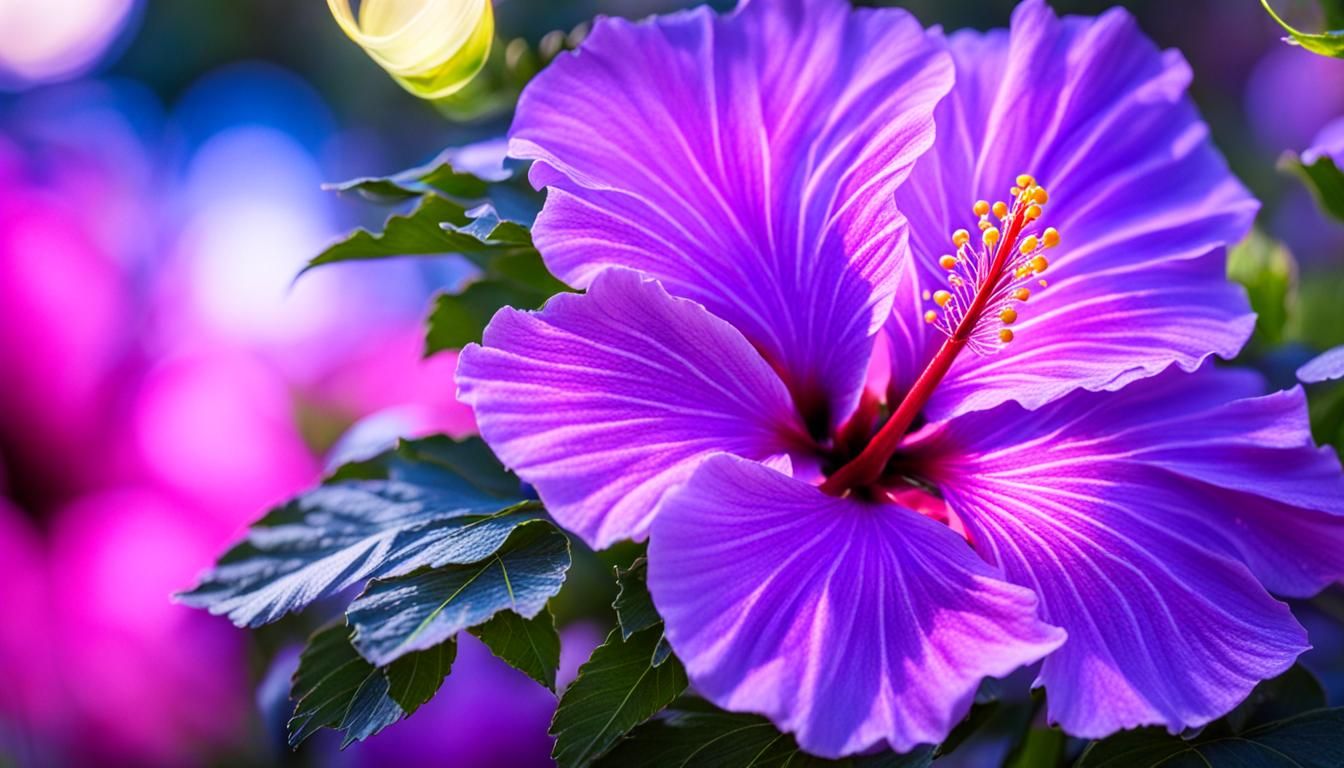 Iridescent Hibiscus and Jacaranda Flowers in Sharp Focus