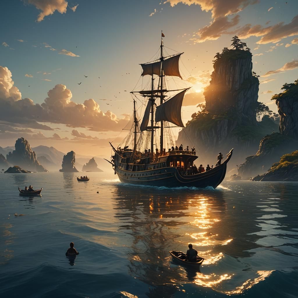 People on a Boat in the Sea: Fantasy Art