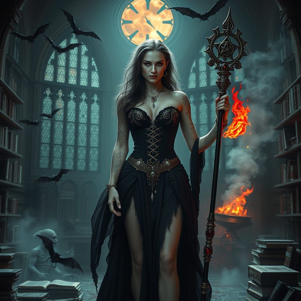 Vampire Sorceress in Gothic Library, Dark Fantasy Style