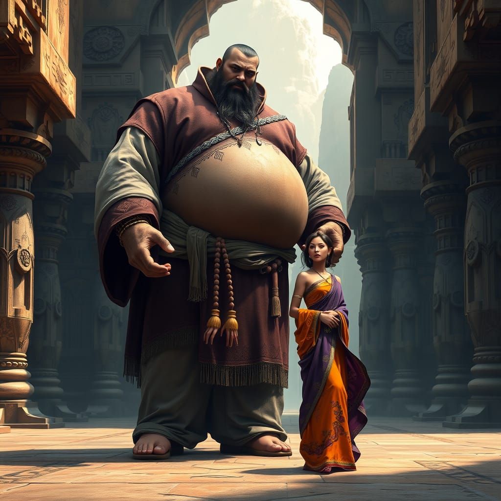 Giant Man Towers Over Petite Woman in Earthy-Toned Fantasy S...