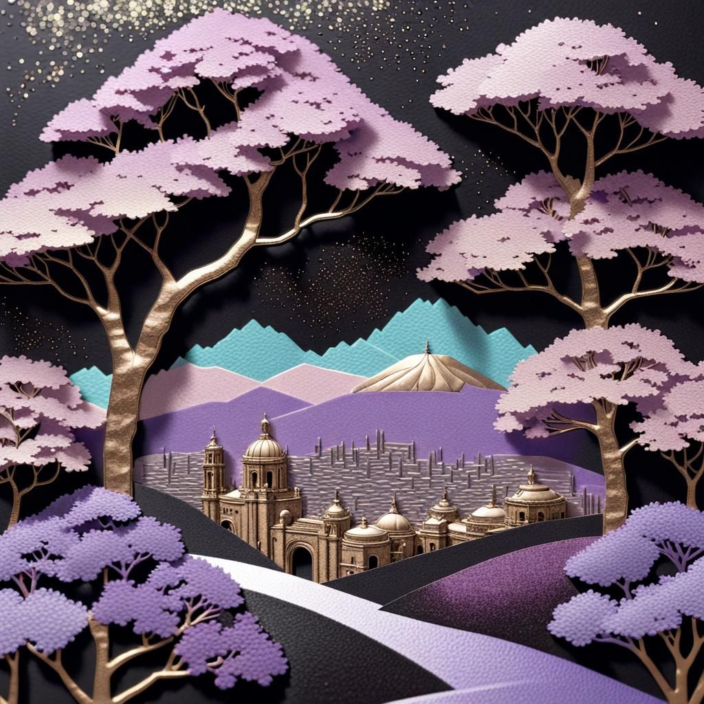 A beautiful 3D elaborate iridescent metallic liquid bronze and lavender pastel 3D, ultra detailed Mexico City landscape ...