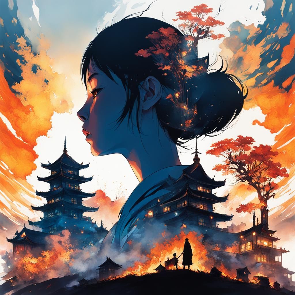 Fire Mage Double Exposure Portrait in Manhwa Style