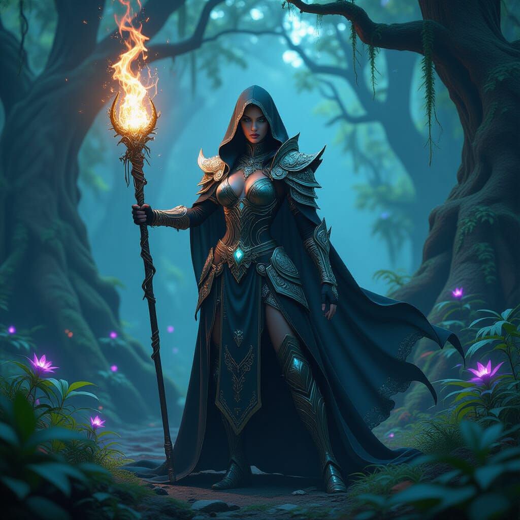 Female Sorceress in Mystical Forest Clearing, Photorealistic...