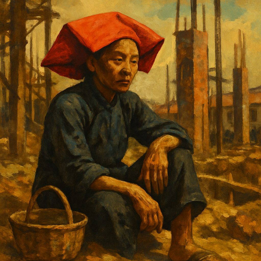 Samsui Woman in 1940s Singapore Construction Site Oil Painti...