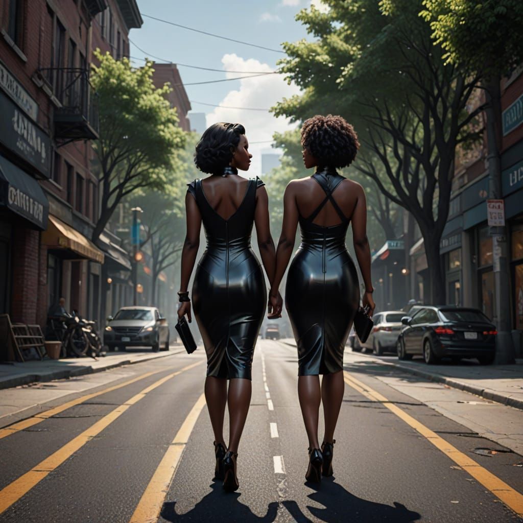 Ebony Goddesses in Shimmering Metallic Latex Dresses