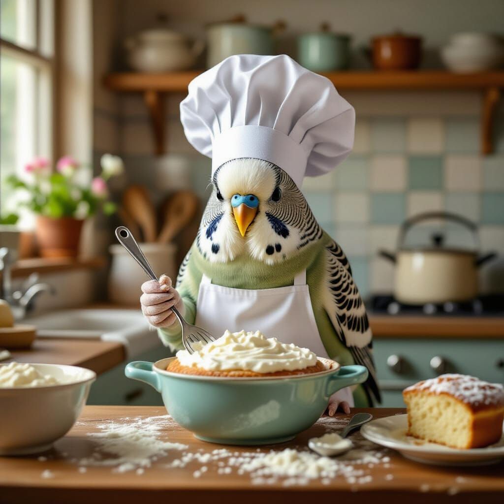 Budgerigar Chef Bakes Cake in Whimsical Kitchen