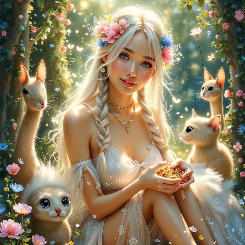 Woman Feeding Animals in Radiant Airbrush Art