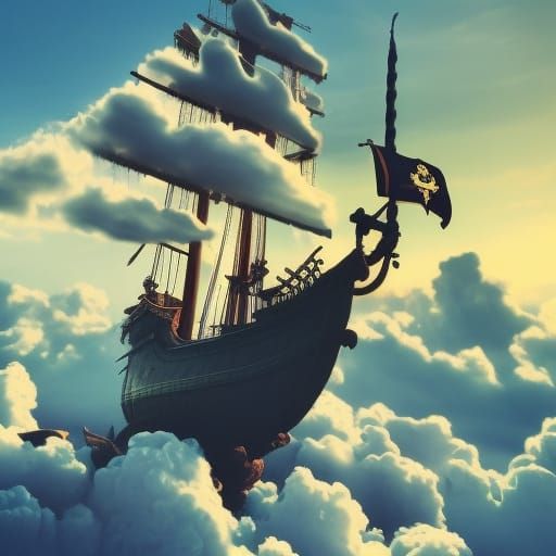 Detailed Pirate Ship Flying Above Clouds