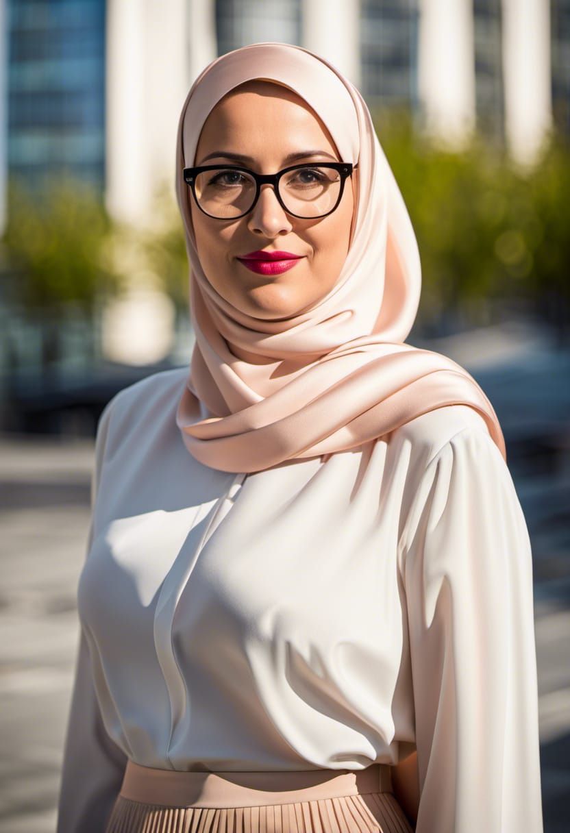 Confident Woman in Hijab Walking in City, Matte Painting