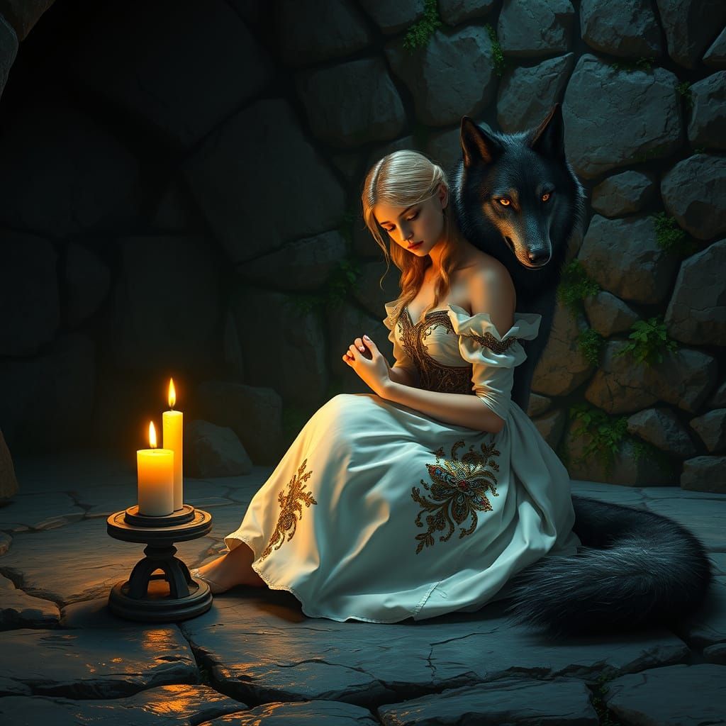 Majestic Princess in a Dimly Lit Dungeon, Guarded by a Loyal...